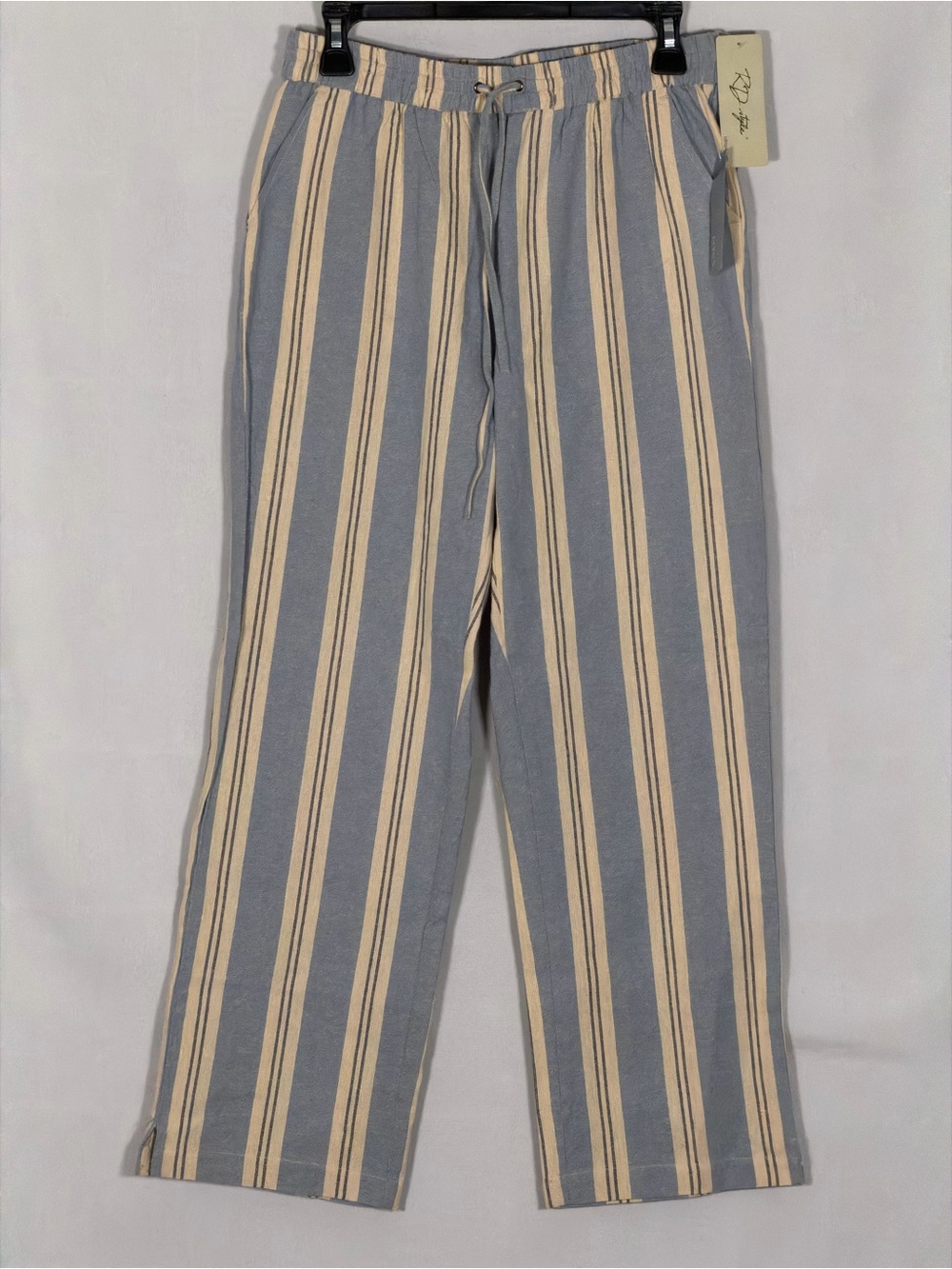 Striped Cotton Pants Women’s Medium Blue Beige Elastic Waist Wide Leg NWT